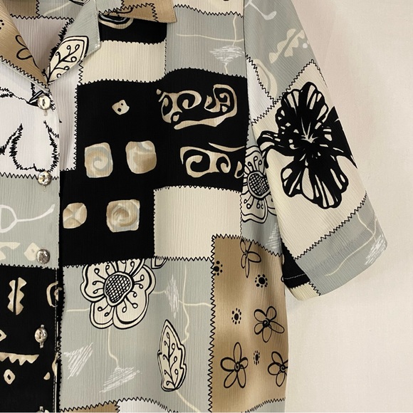 ALLISON DALEY Button Down Shirt Short Sleeve Patchwork Black Tan Size 12 Petite - Picture 3 of 7